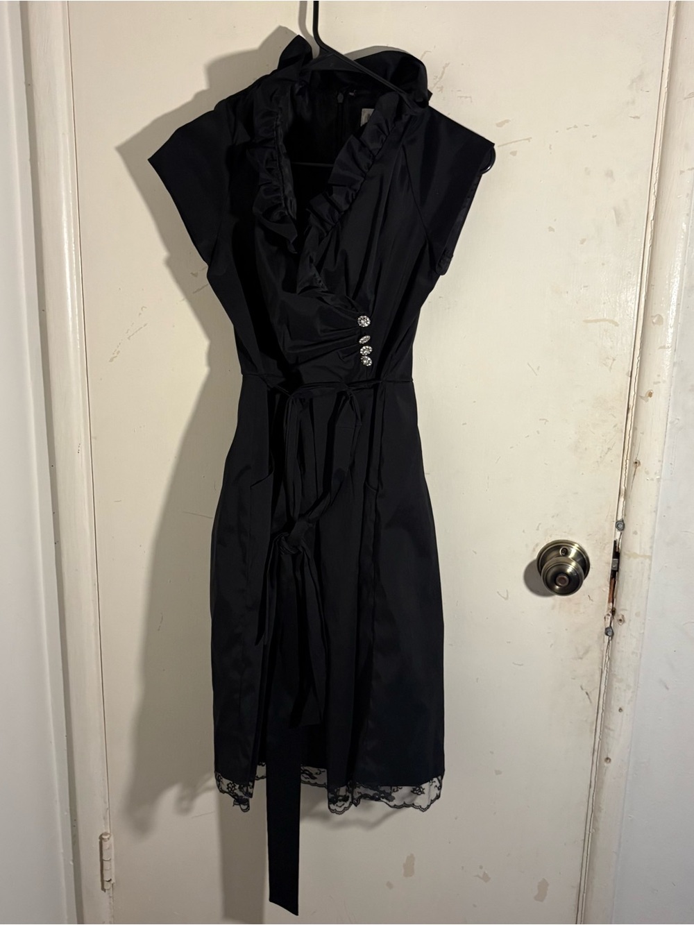 Julian Taylor Black Ruffled Wrap Dress with Decorative Buttons